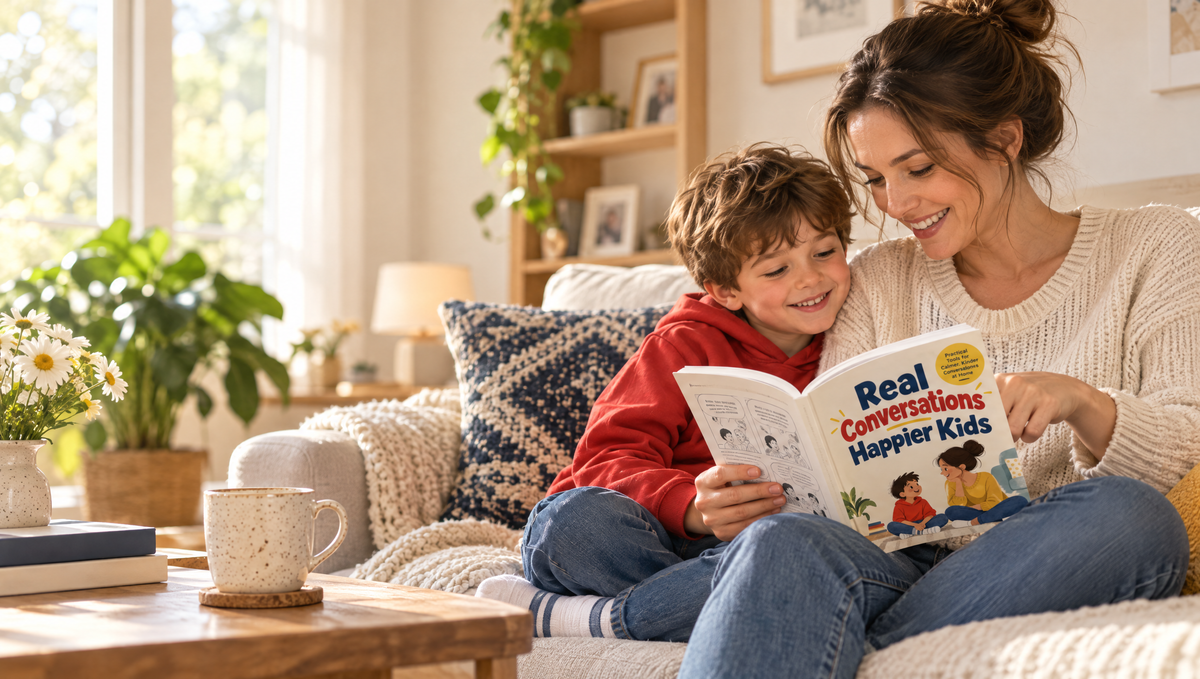 A mother and her young son reading the Real Conversations, Happier Kids paperback together on the sofa