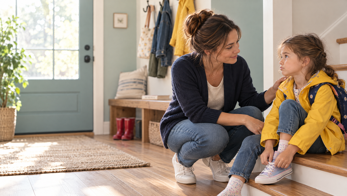A mother crouches at eye level with her young daughter by the front door as the daughter puts on her own shoes
